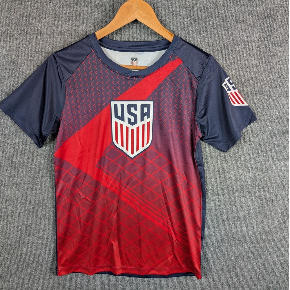 U.S. Soccer Youth Jersey Navy Red Graphic Short Sleeve Tee Size L 12/14 NEW